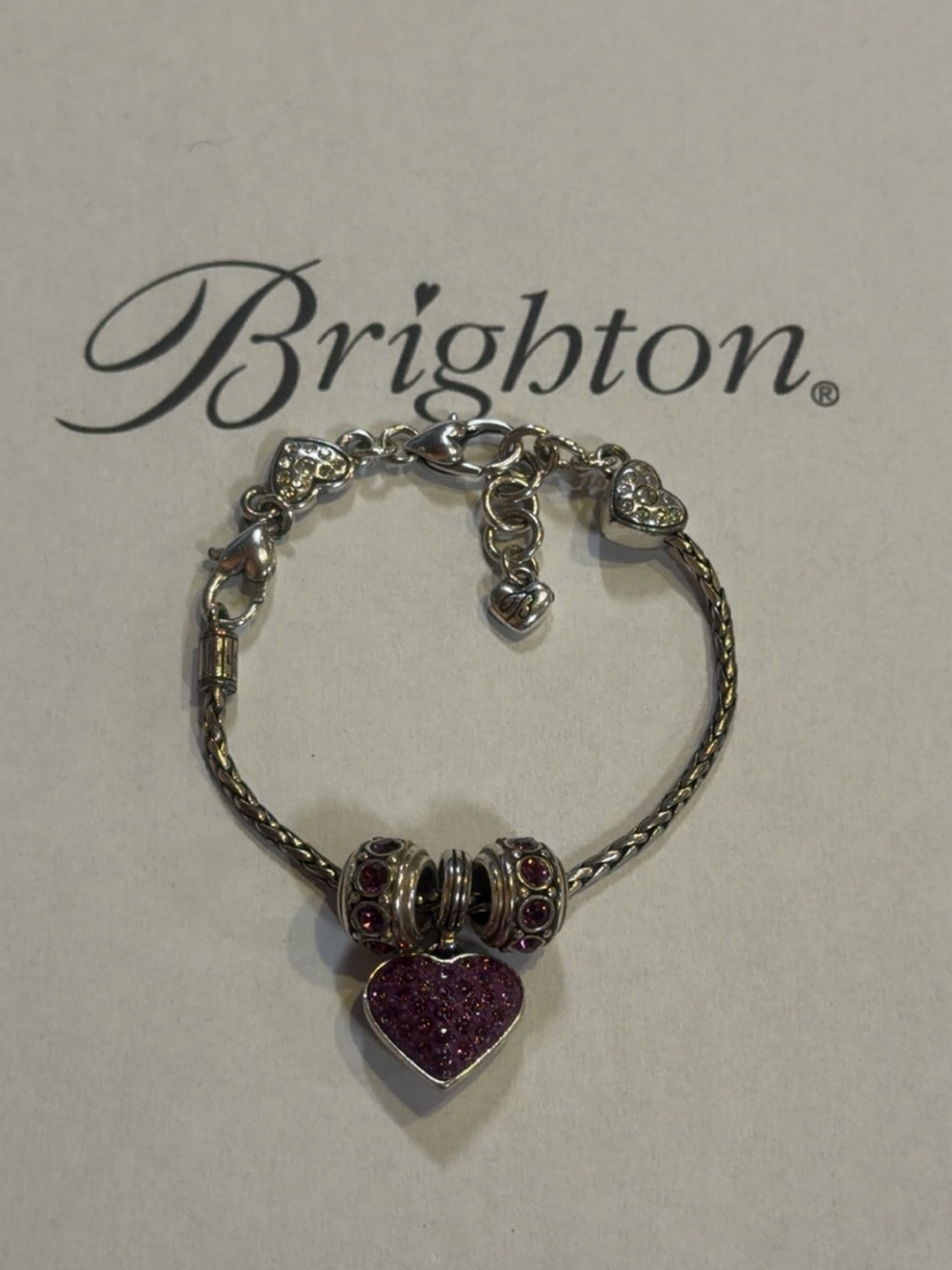 💜 Brighton Purple SWAROVSKI CRYSTAL SILVER Heart Charm Bracelet!